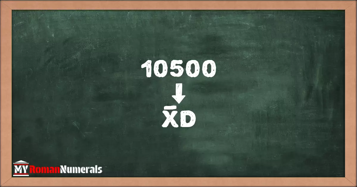10500 = X̅D written on a blackboard, demonstrating Roman numeral conversion for 10500.