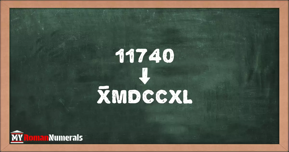 11740 = X̅MDCCXL written on a blackboard, demonstrating Roman numeral conversion for 11740.