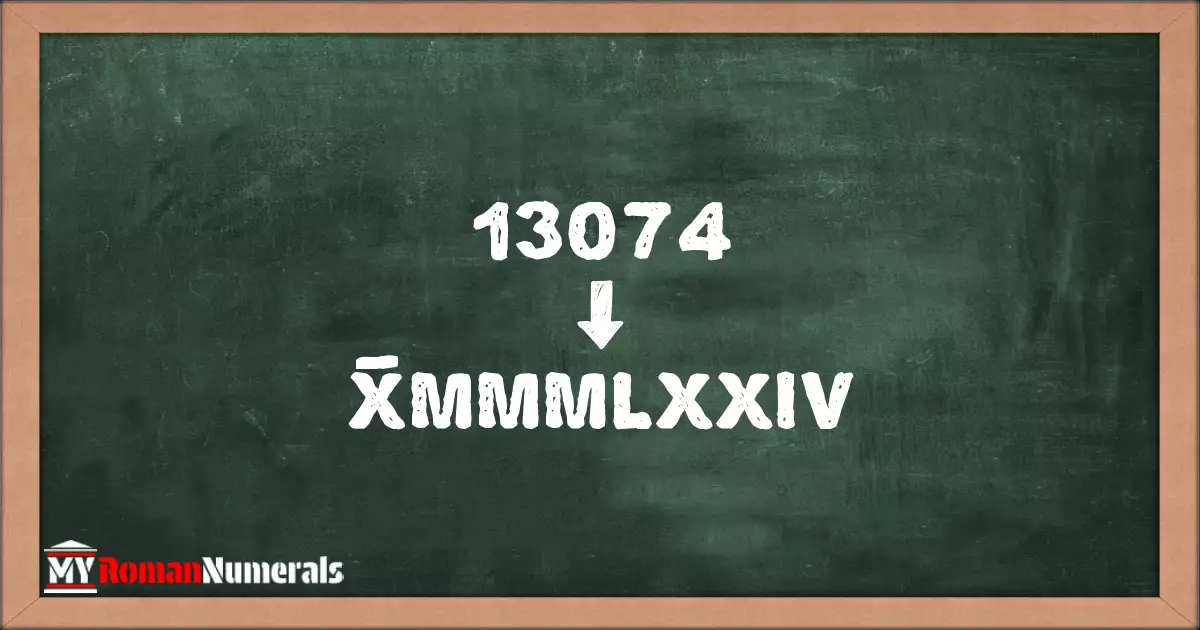 13074 = X̅MMMLXXIV written on a blackboard, demonstrating Roman numeral conversion for 13074.
