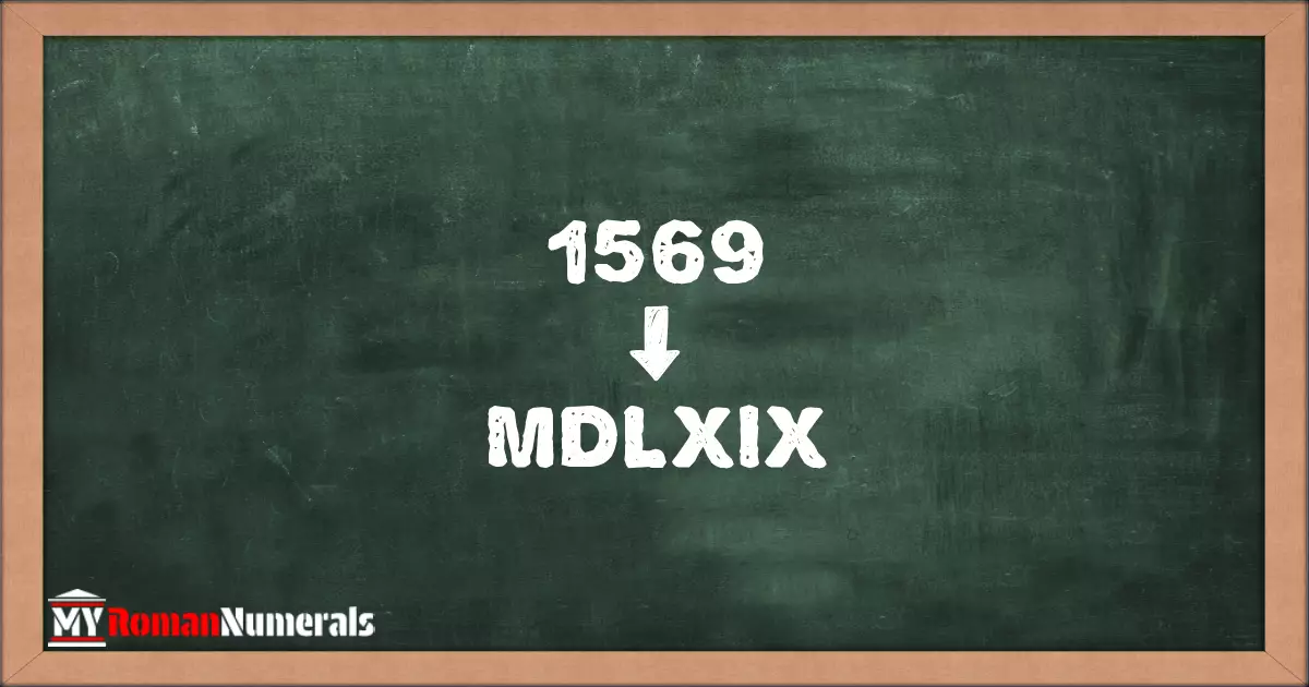 1569 = MDLXIX written on a blackboard, demonstrating Roman numeral conversion for 1569.