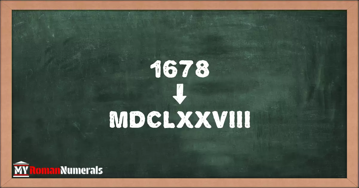 1678 = MDCLXXVIII written on a blackboard, demonstrating Roman numeral conversion for 1678.