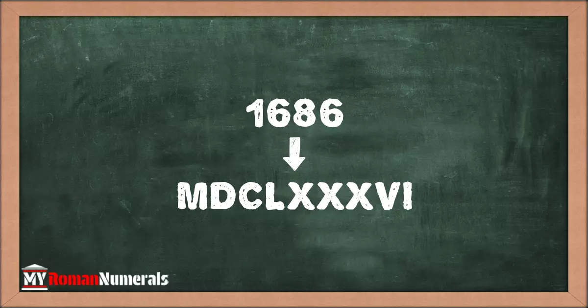 1686 = MDCLXXXVI written on a blackboard, demonstrating Roman numeral conversion for 1686.
