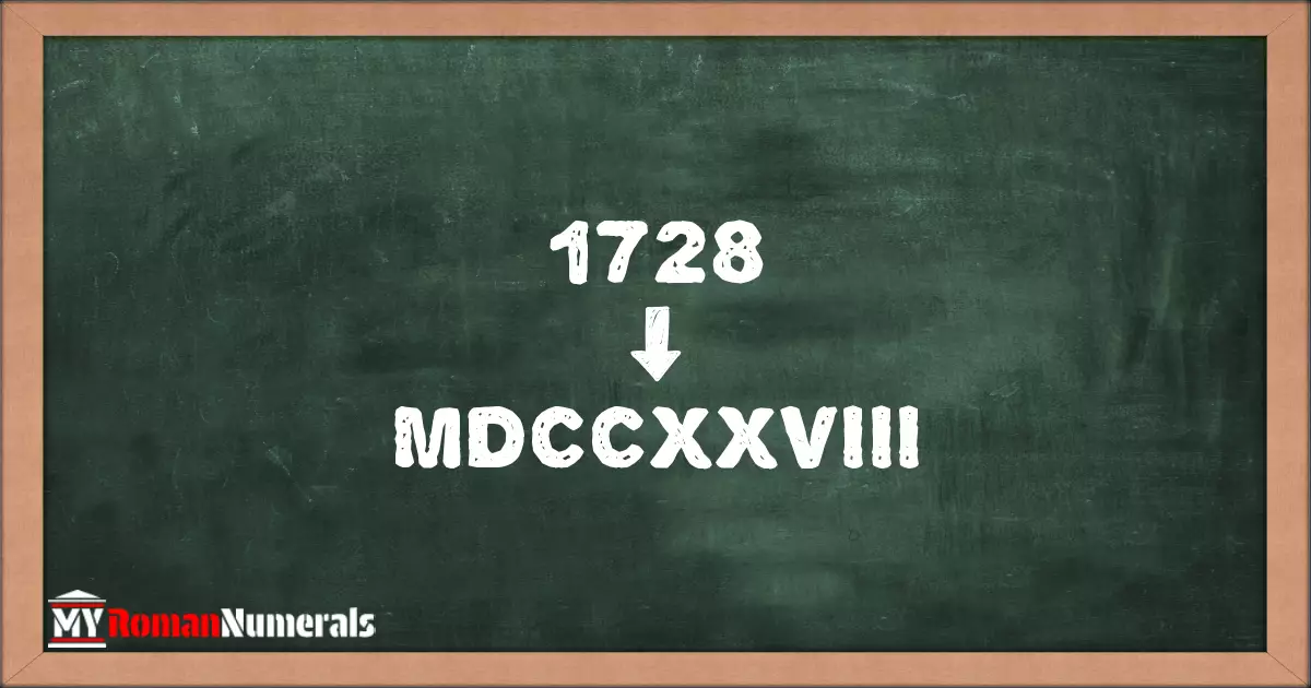 1728 = MDCCXXVIII written on a blackboard, demonstrating Roman numeral conversion for 1728.