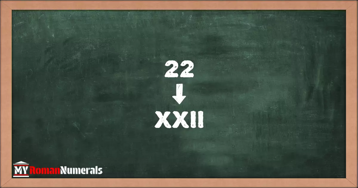 22 = XXII written on a blackboard, demonstrating Roman numeral conversion for 22.
