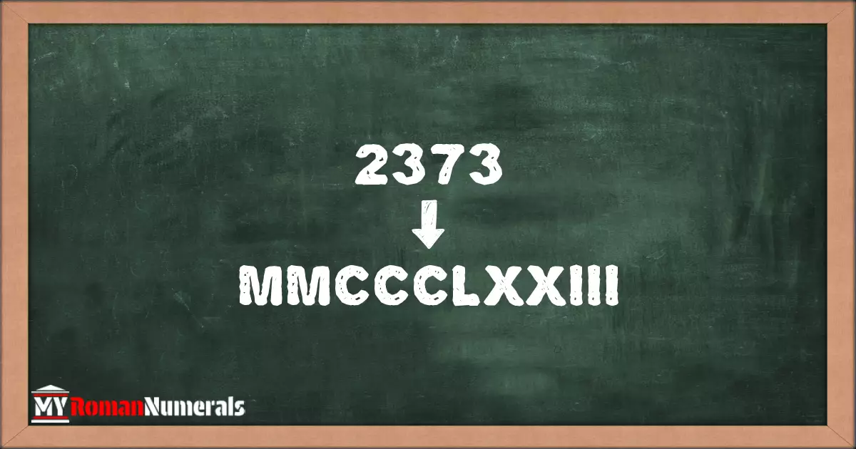 2373 = MMCCCLXXIII written on a blackboard, demonstrating Roman numeral conversion for 2373.
