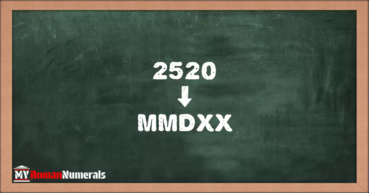 2520 = MMDXX written on a blackboard, demonstrating Roman numeral conversion for 2520.