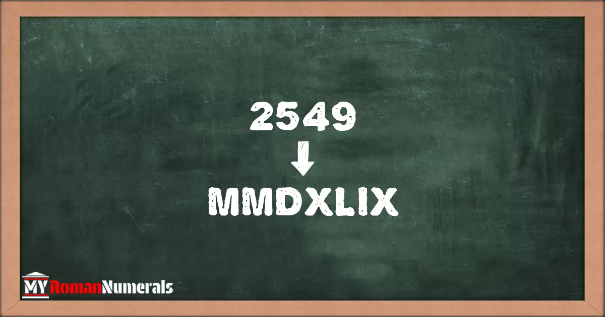 2549 = MMDXLIX written on a blackboard, demonstrating Roman numeral conversion for 2549.