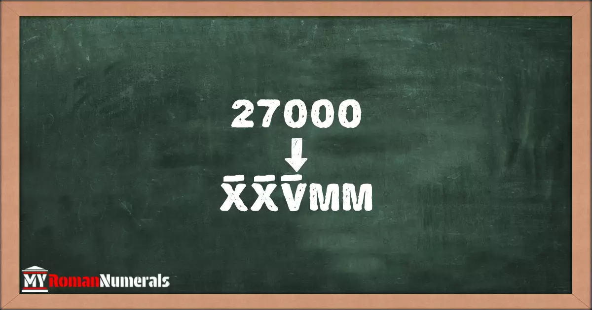 27000 = X̅X̅V̅MM written on a blackboard, demonstrating Roman numeral conversion for 27000.