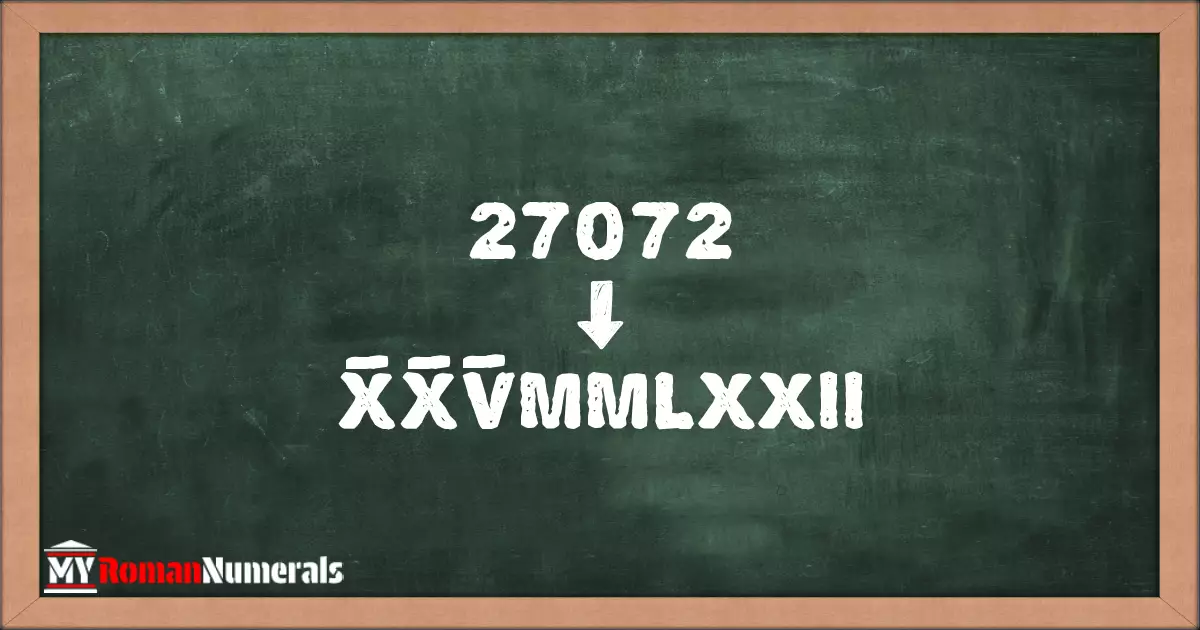27072 = X̅X̅V̅MMLXXII written on a blackboard, demonstrating Roman numeral conversion for 27072.