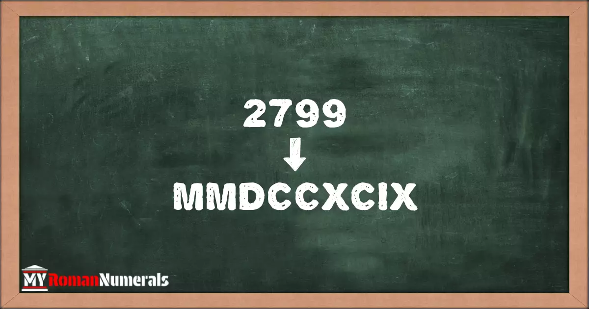 2799 = MMDCCXCIX written on a blackboard, demonstrating Roman numeral conversion for 2799.