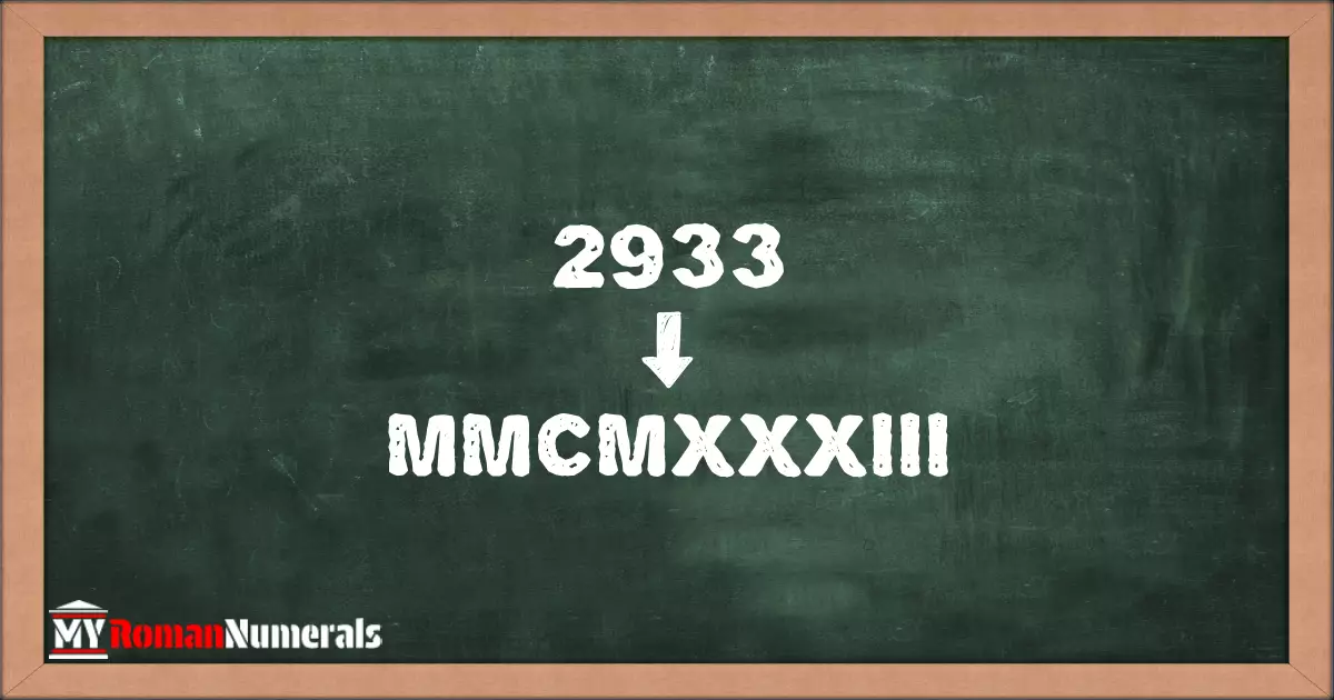 2933 = MMCMXXXIII written on a blackboard, demonstrating Roman numeral conversion for 2933.