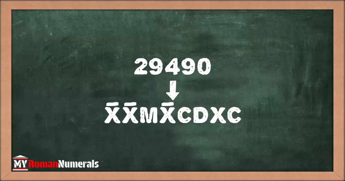29490 = X̅X̅MX̅CDXC written on a blackboard, demonstrating Roman numeral conversion for 29490.