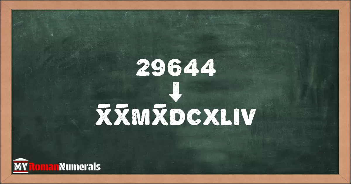 29644 = X̅X̅MX̅DCXLIV written on a blackboard, demonstrating Roman numeral conversion for 29644.