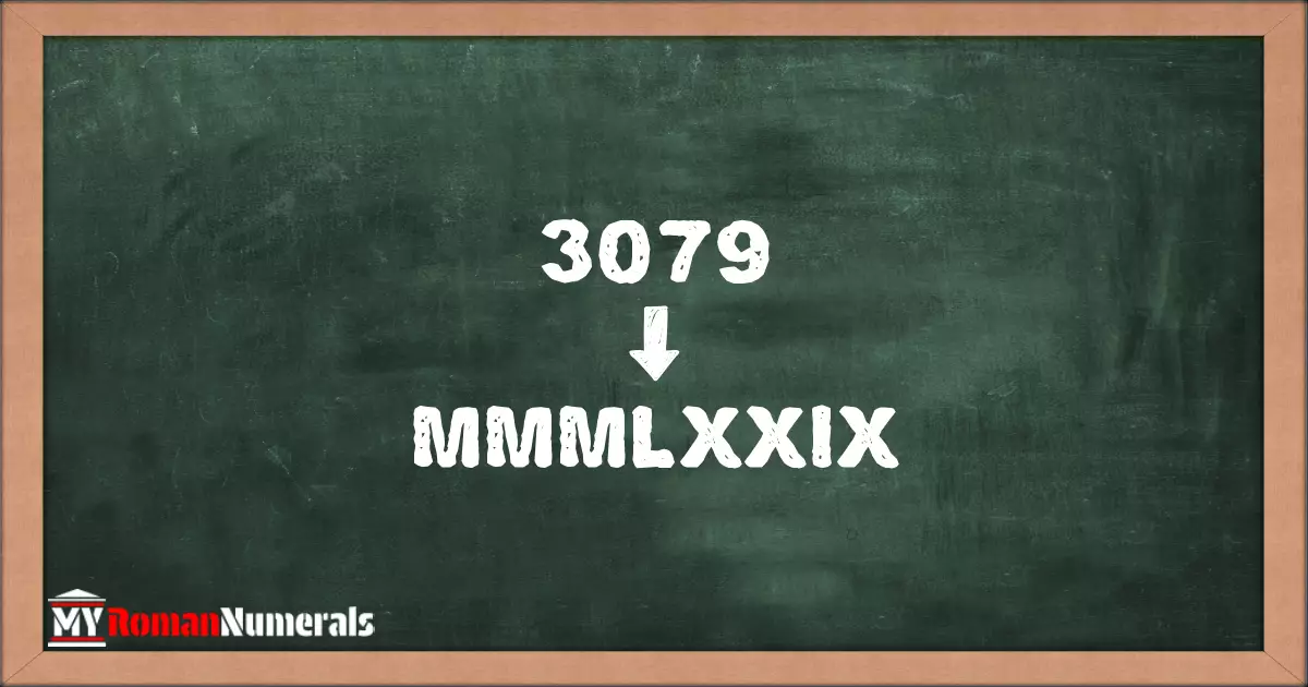 3079 = MMMLXXIX written on a blackboard, demonstrating Roman numeral conversion for 3079.