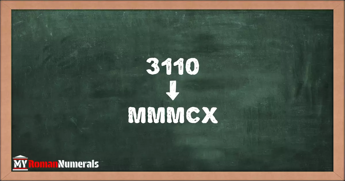 3110 = MMMCX written on a blackboard, demonstrating Roman numeral conversion for 3110.