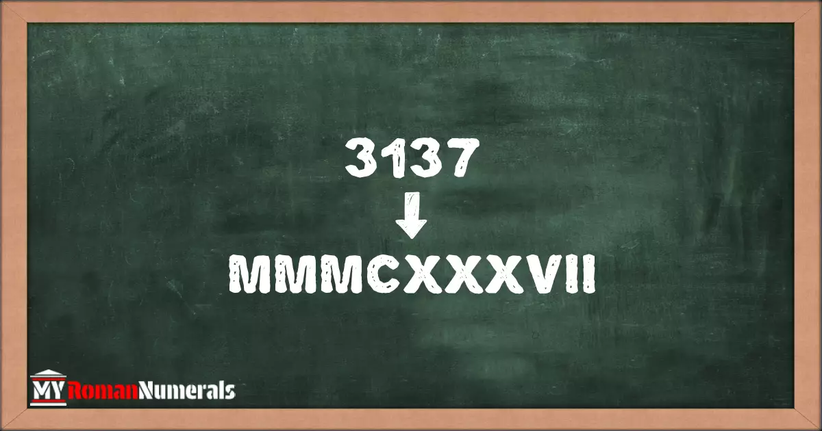 3137 = MMMCXXXVII written on a blackboard, demonstrating Roman numeral conversion for 3137.