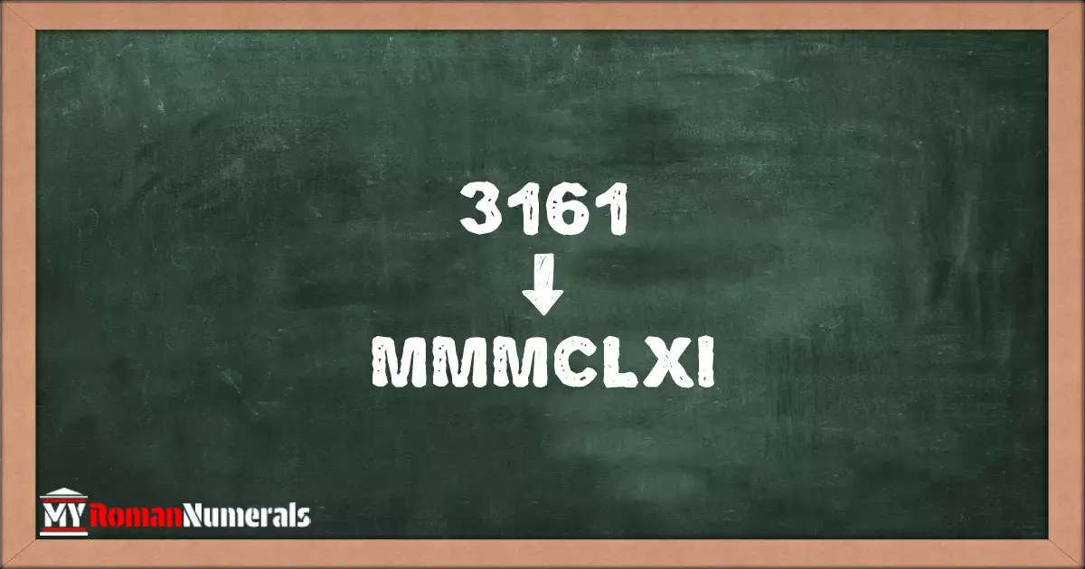 3161 = MMMCLXI written on a blackboard, demonstrating Roman numeral conversion for 3161.