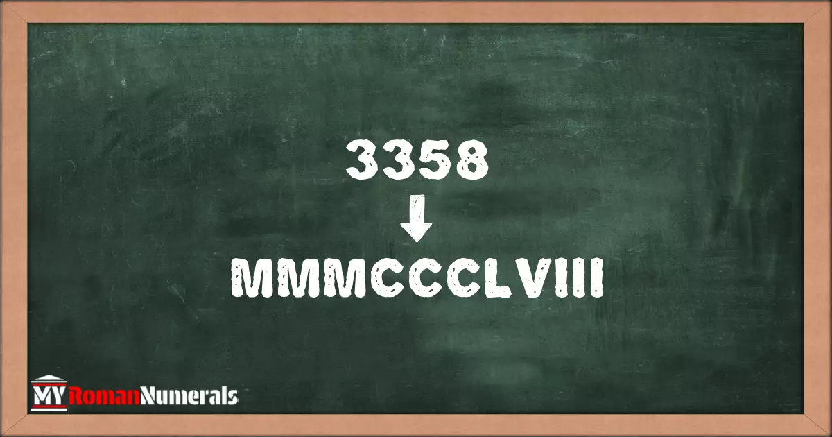 3358 = MMMCCCLVIII written on a blackboard, demonstrating Roman numeral conversion for 3358.