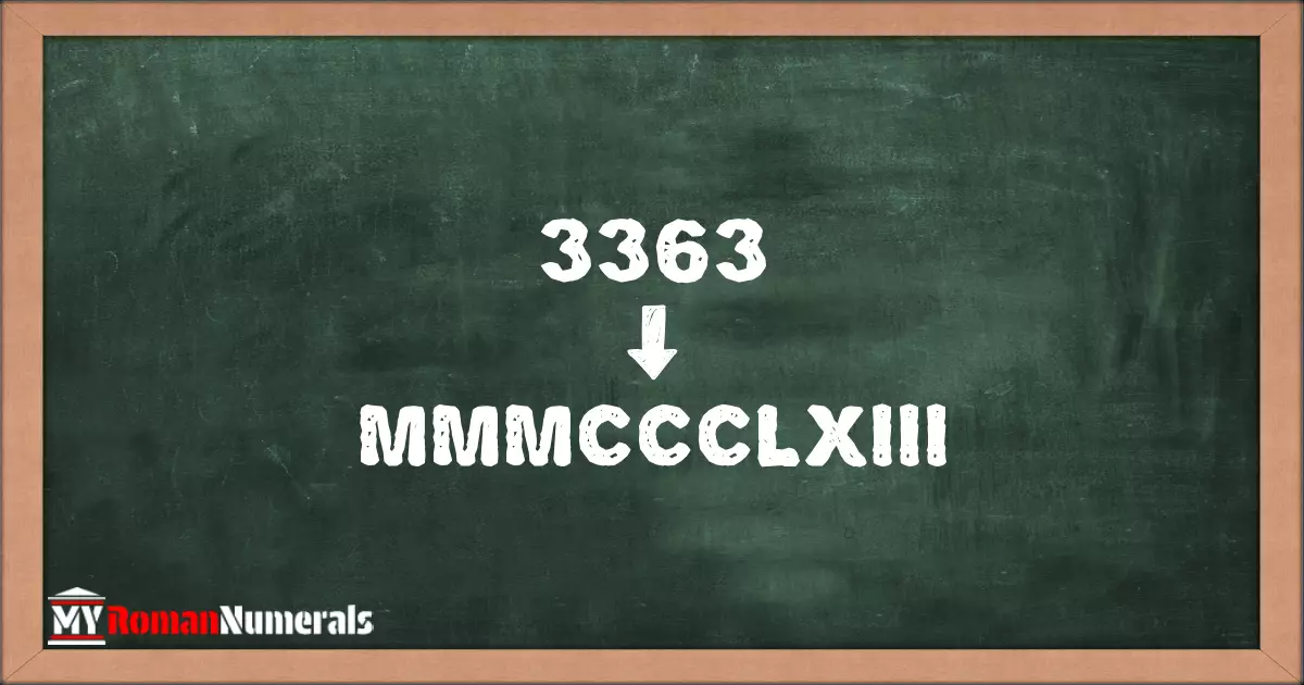 3363 = MMMCCCLXIII written on a blackboard, demonstrating Roman numeral conversion for 3363.