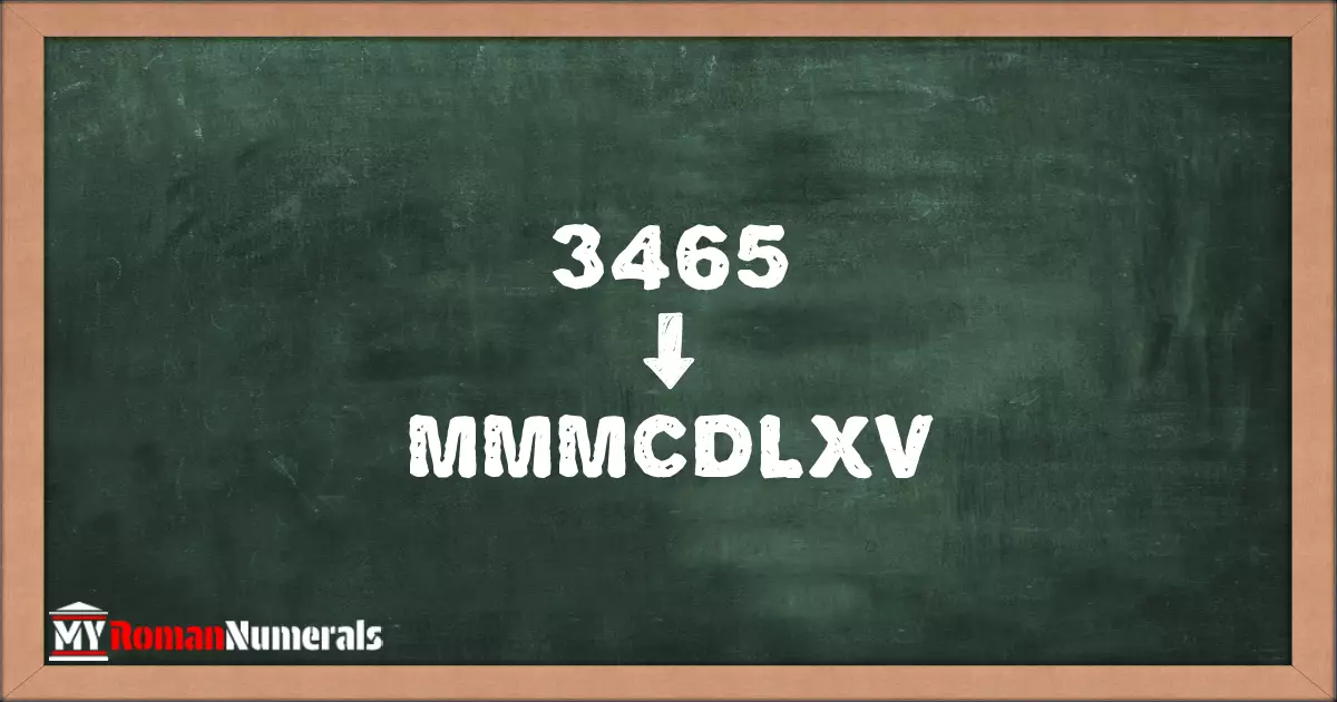 3465 = MMMCDLXV written on a blackboard, demonstrating Roman numeral conversion for 3465.