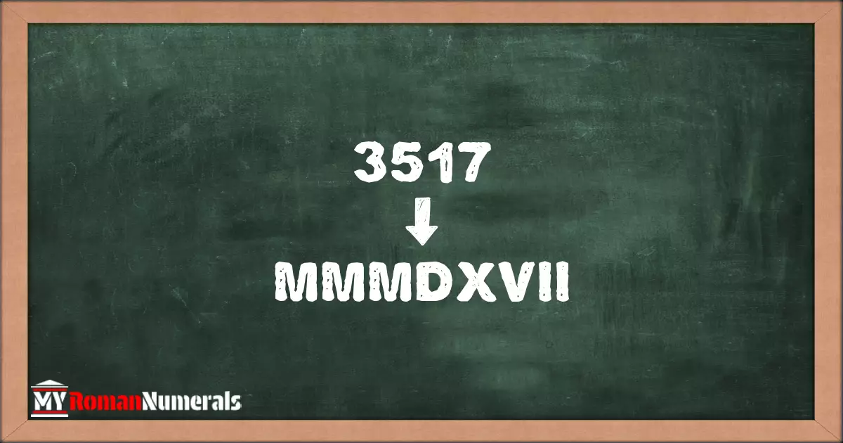 3517 = MMMDXVII written on a blackboard, demonstrating Roman numeral conversion for 3517.