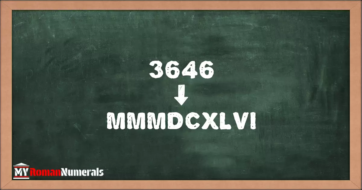 3646 = MMMDCXLVI written on a blackboard, demonstrating Roman numeral conversion for 3646.