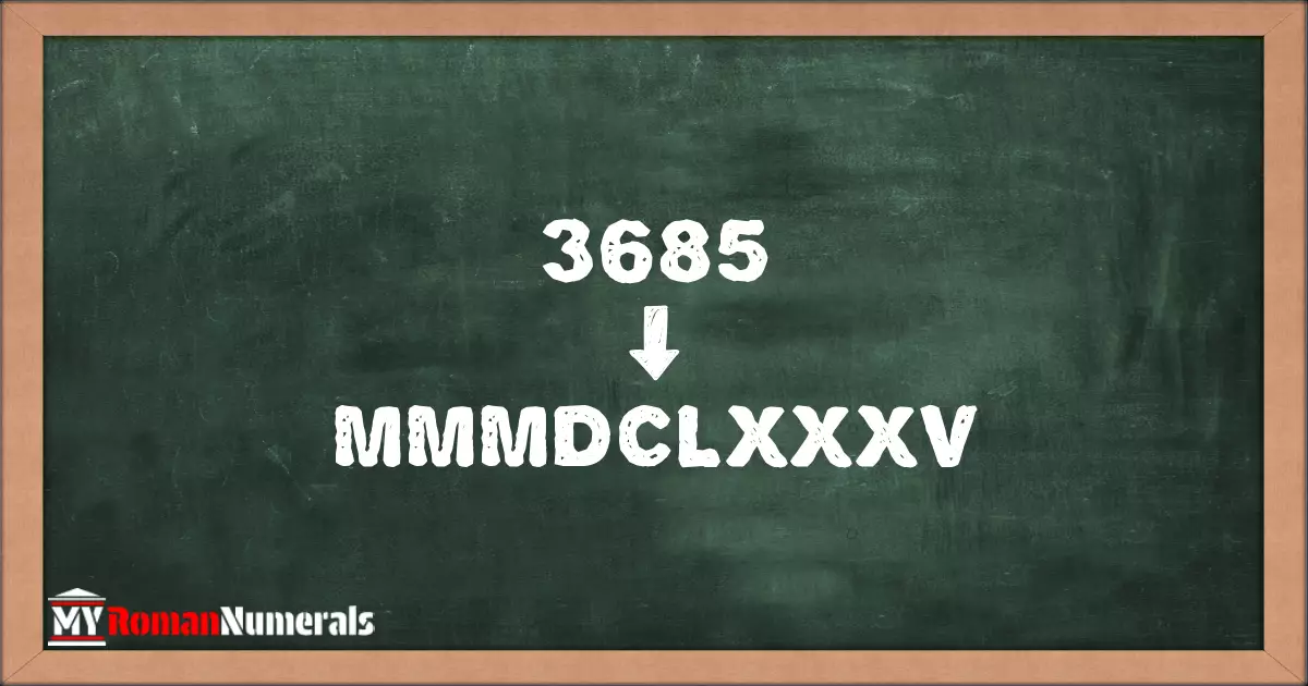 3685 = MMMDCLXXXV written on a blackboard, demonstrating Roman numeral conversion for 3685.