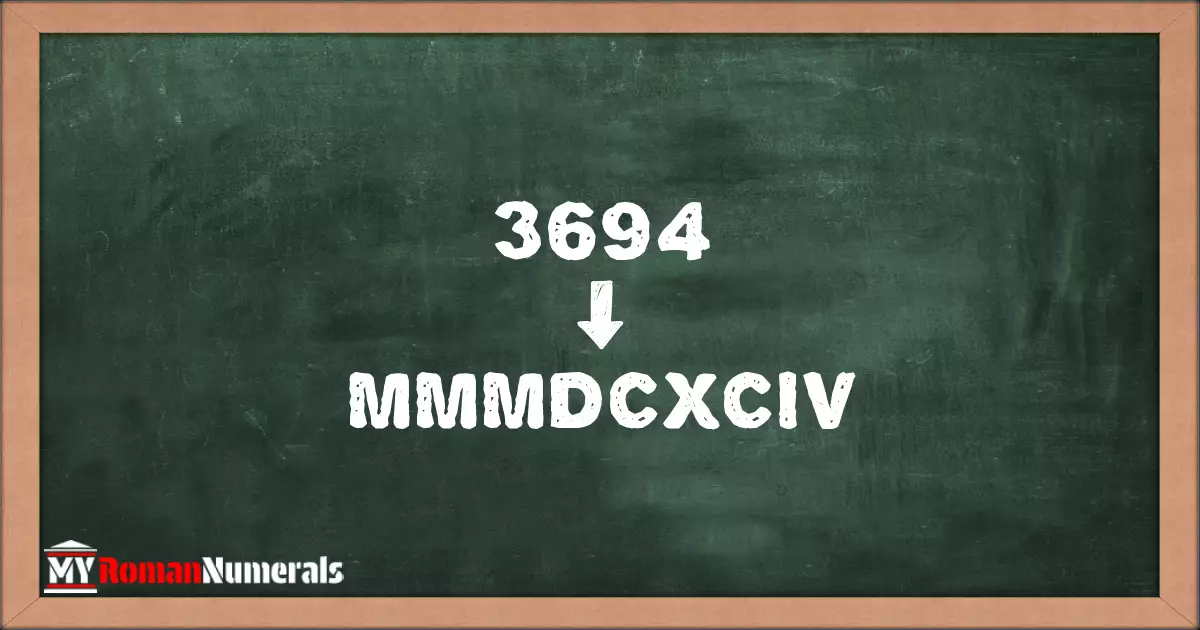 3694 = MMMDCXCIV written on a blackboard, demonstrating Roman numeral conversion for 3694.