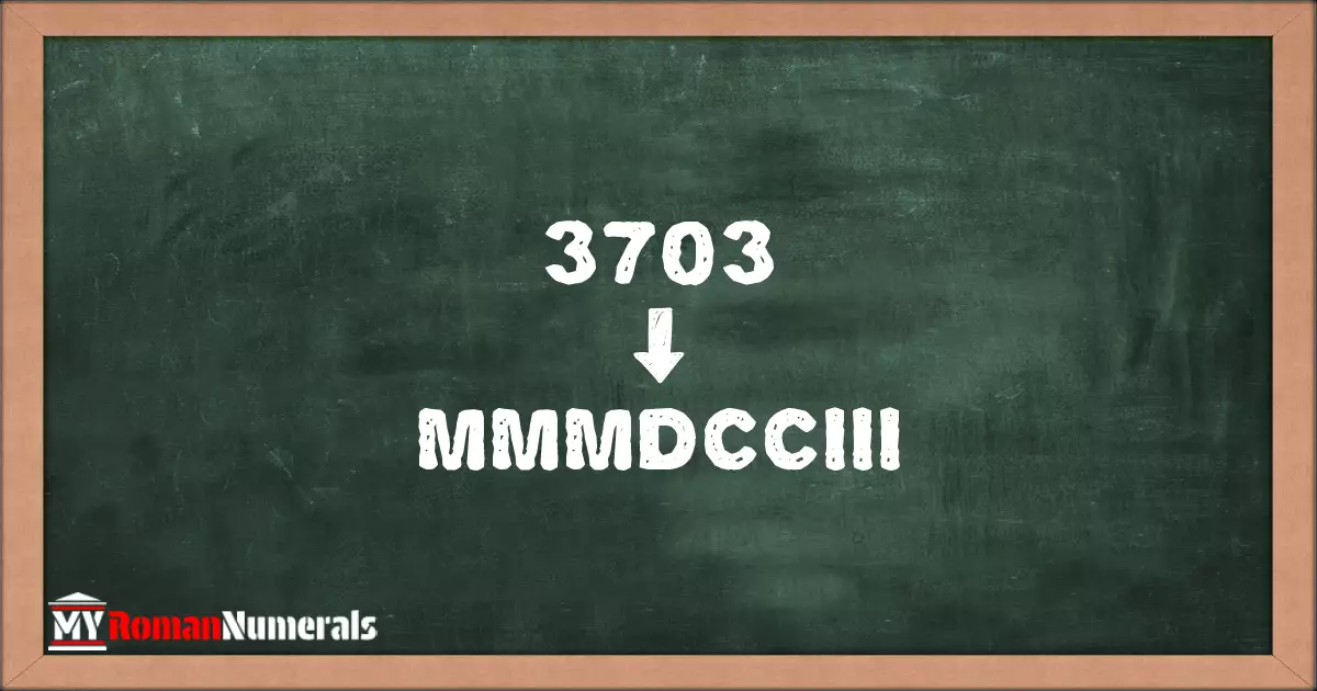 3703 = MMMDCCIII written on a blackboard, demonstrating Roman numeral conversion for 3703.