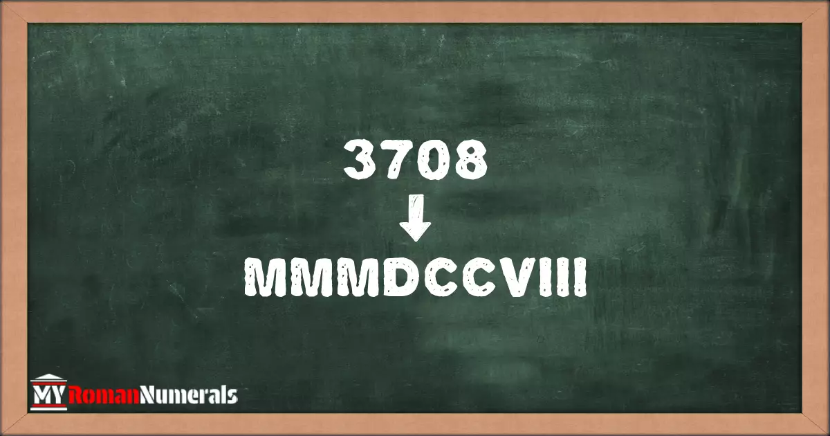 3708 = MMMDCCVIII written on a blackboard, demonstrating Roman numeral conversion for 3708.