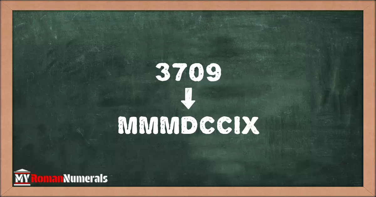 3709 = MMMDCCIX written on a blackboard, demonstrating Roman numeral conversion for 3709.
