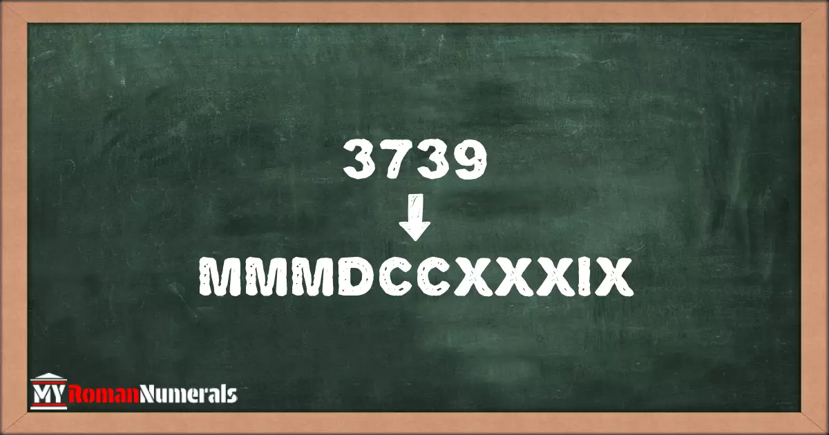 3739 = MMMDCCXXXIX written on a blackboard, demonstrating Roman numeral conversion for 3739.