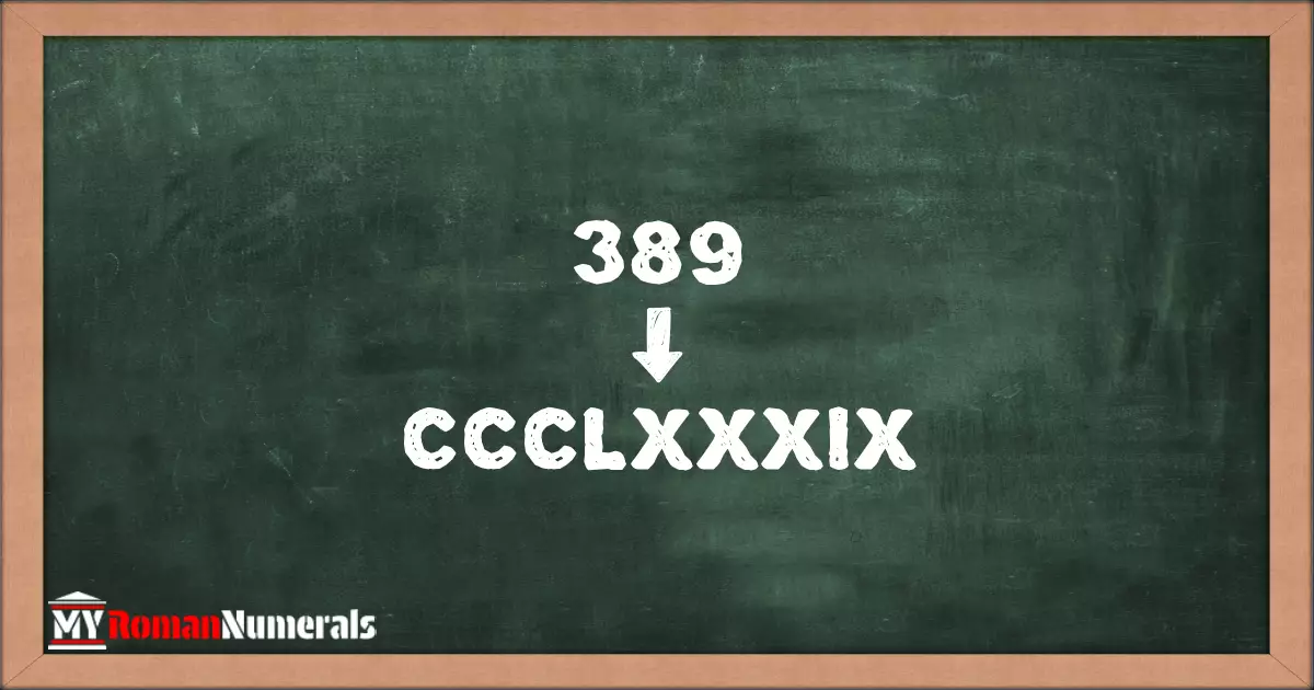 389 = CCCLXXXIX written on a blackboard, demonstrating Roman numeral conversion for 389.
