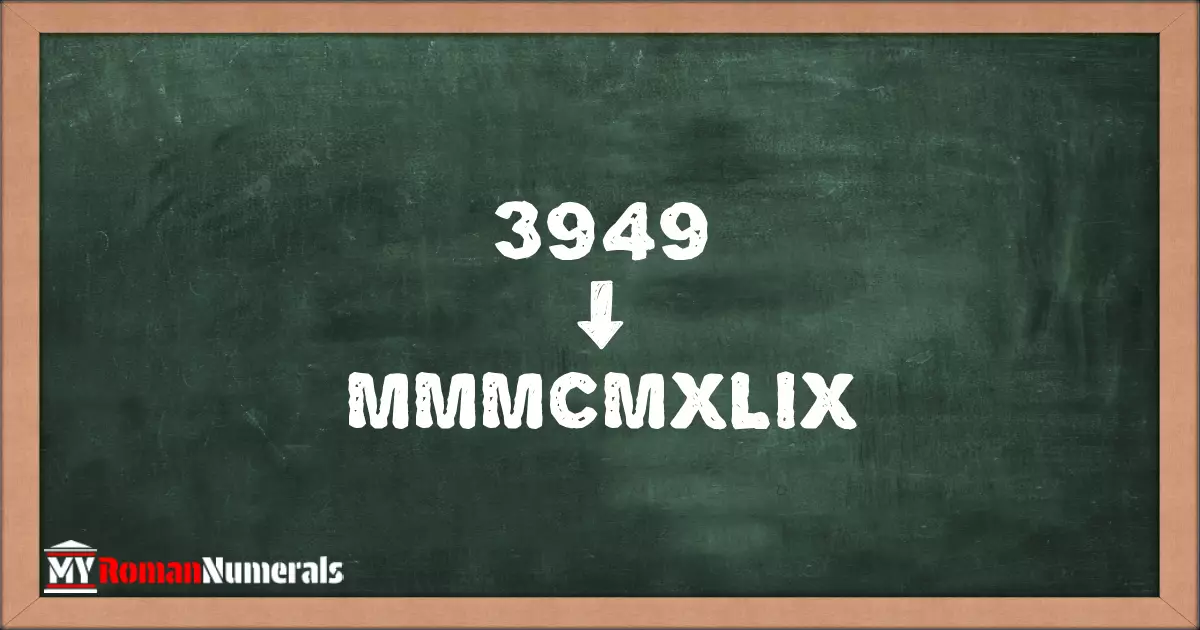 3949 = MMMCMXLIX written on a blackboard, demonstrating Roman numeral conversion for 3949.
