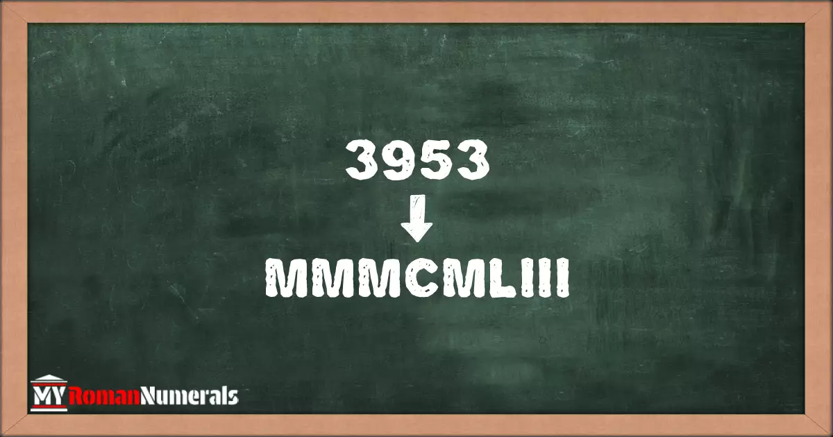 3953 = MMMCMLIII written on a blackboard, demonstrating Roman numeral conversion for 3953.
