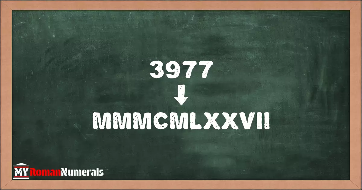 3977 = MMMCMLXXVII written on a blackboard, demonstrating Roman numeral conversion for 3977.