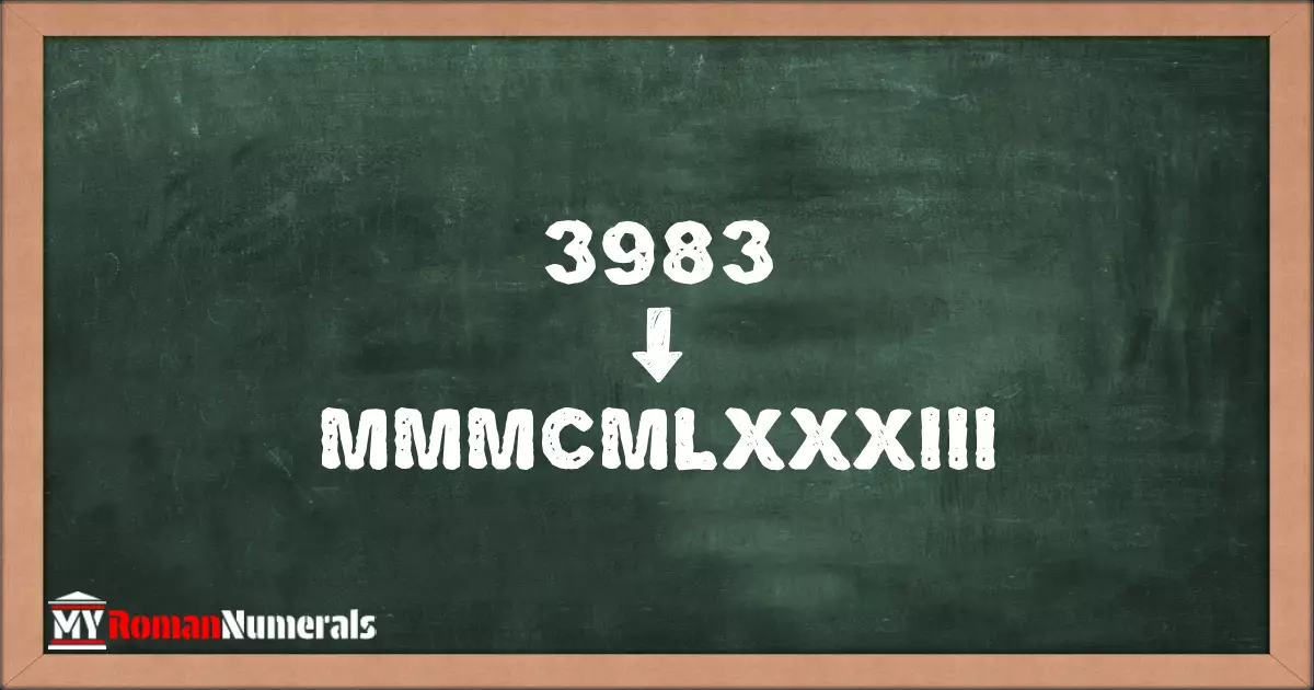 3983 = MMMCMLXXXIII written on a blackboard, demonstrating Roman numeral conversion for 3983.