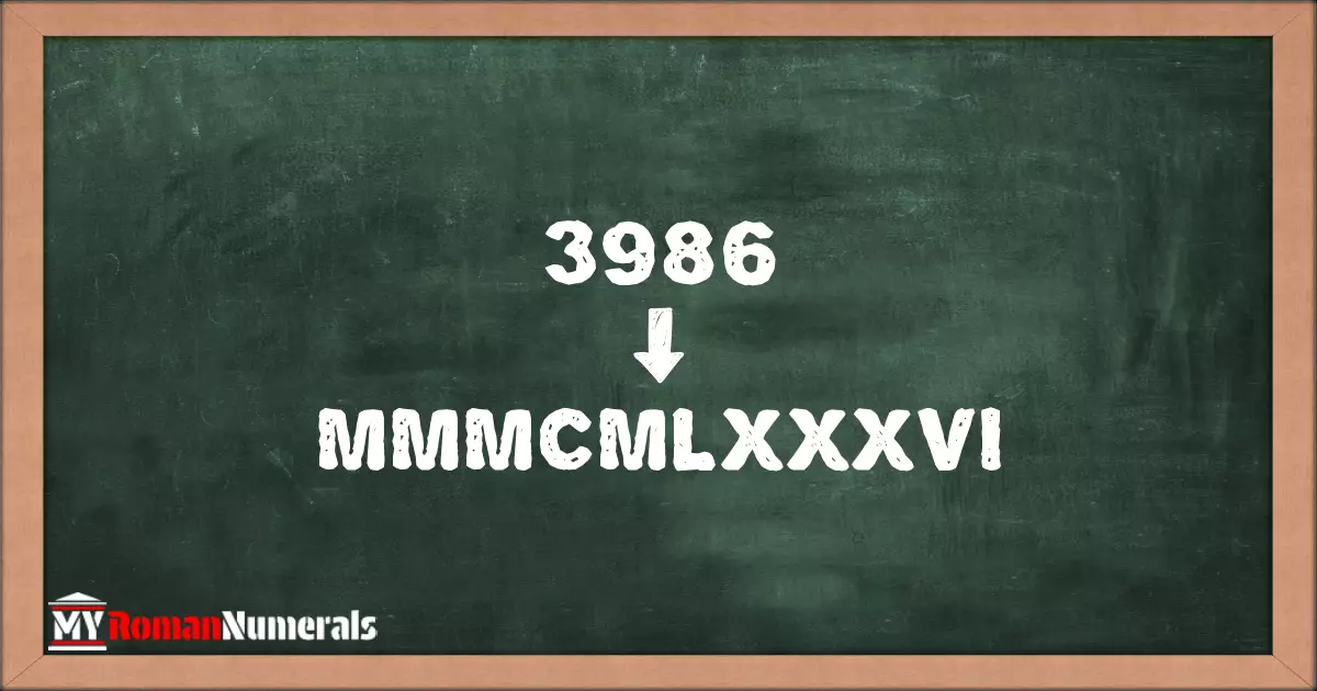 3986 = MMMCMLXXXVI written on a blackboard, demonstrating Roman numeral conversion for 3986.