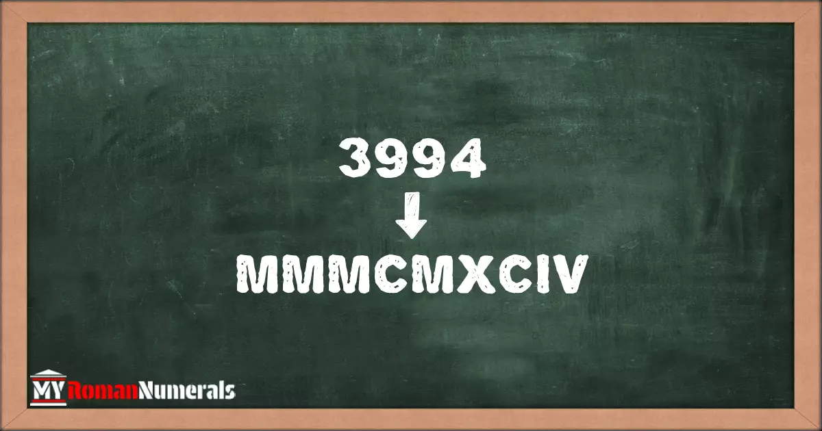3994 = MMMCMXCIV written on a blackboard, demonstrating Roman numeral conversion for 3994.