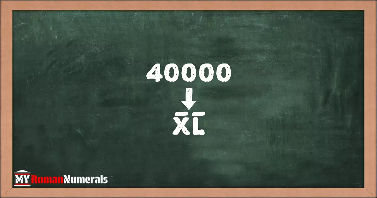 40000 = X̅L̅ written on a blackboard, demonstrating Roman numeral conversion for 40000.