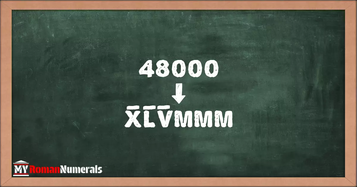 48000 = X̅L̅V̅MMM written on a blackboard, demonstrating Roman numeral conversion for 48000.