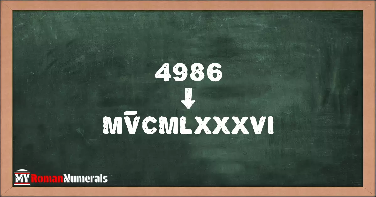 4986 = MV̅CMLXXXVI written on a blackboard, demonstrating Roman numeral conversion for 4986.