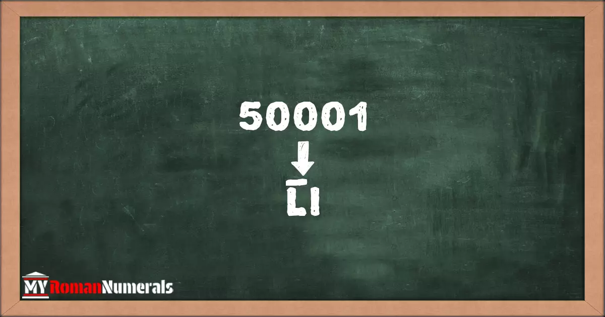 50001 = L̅I written on a blackboard, demonstrating Roman numeral conversion for 50001.