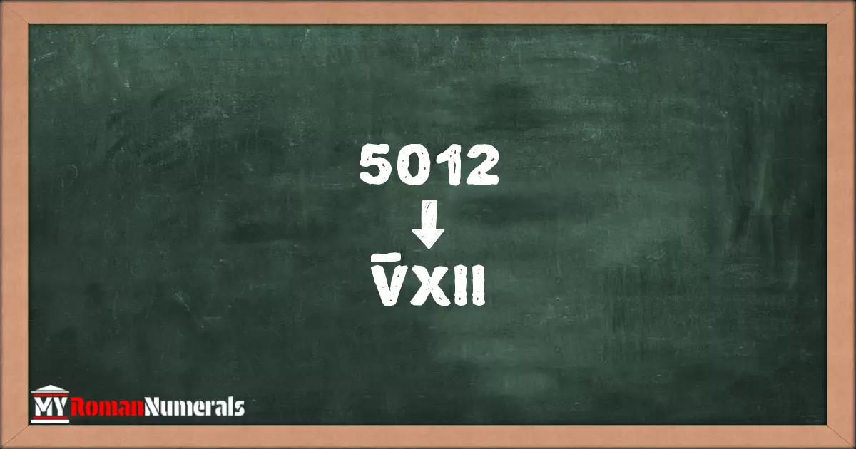 5012 = V̅XII written on a blackboard, demonstrating Roman numeral conversion for 5012.