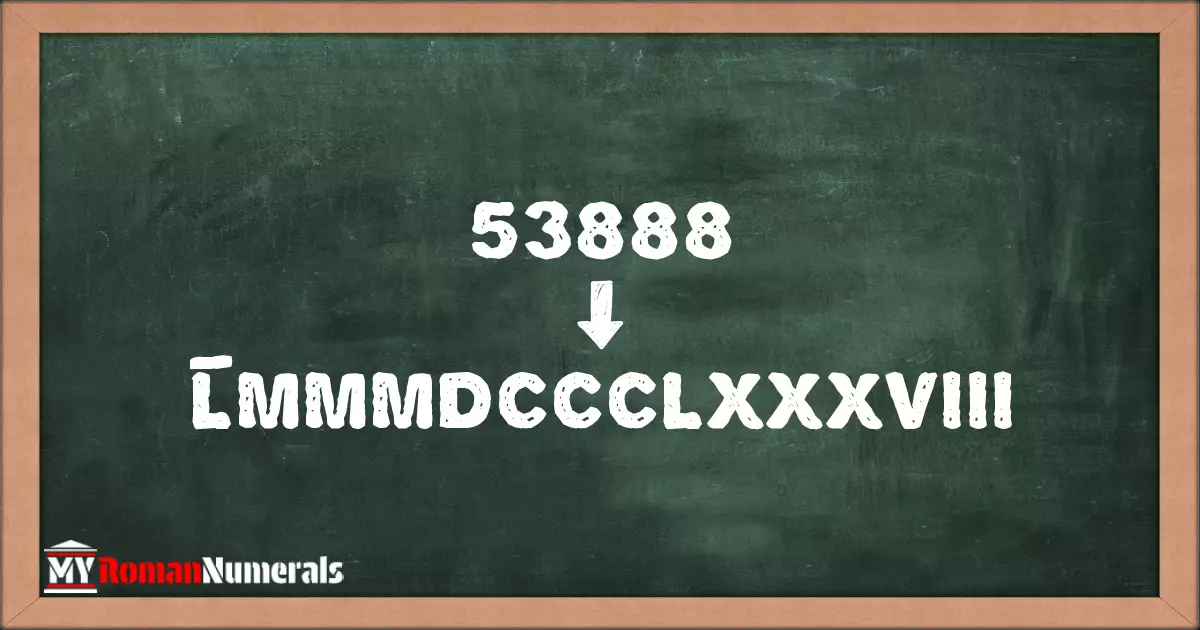 53888 = L̅MMMDCCCLXXXVIII written on a blackboard, demonstrating Roman numeral conversion for 53888.