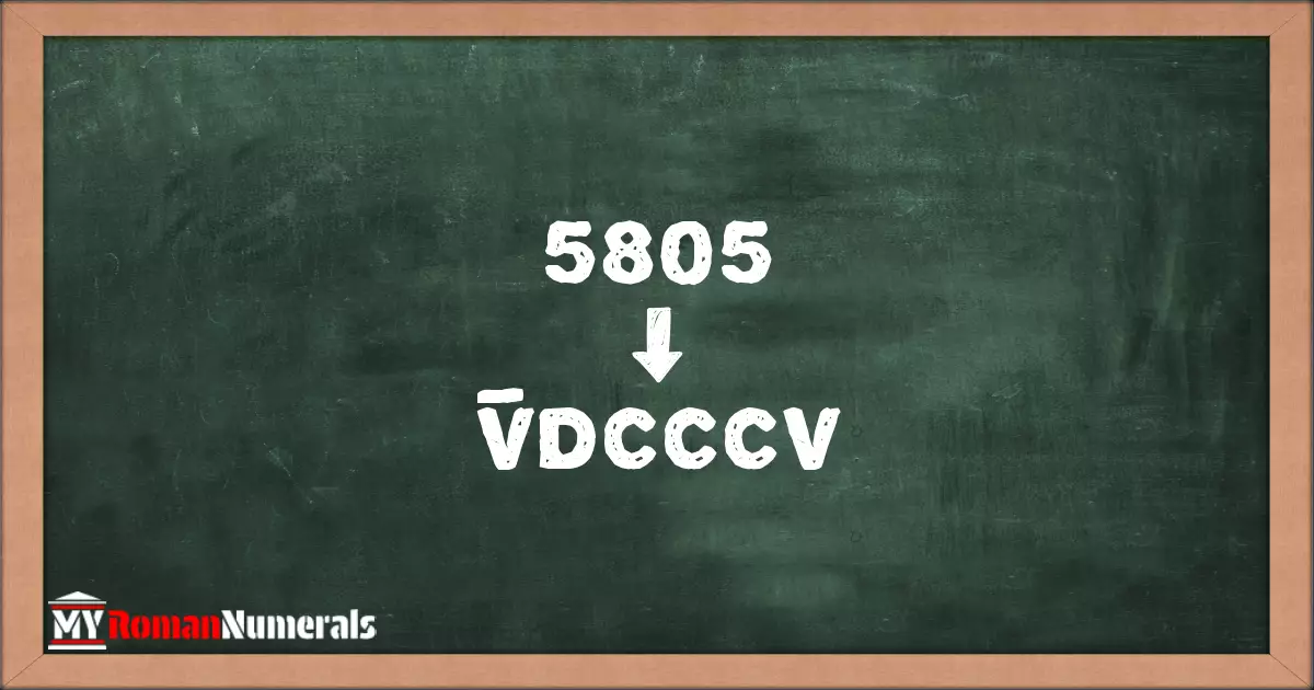 5805 = V̅DCCCV written on a blackboard, demonstrating Roman numeral conversion for 5805.
