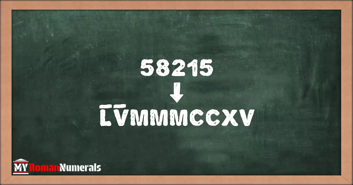 58215 = L̅V̅MMMCCXV written on a blackboard, demonstrating Roman numeral conversion for 58215.