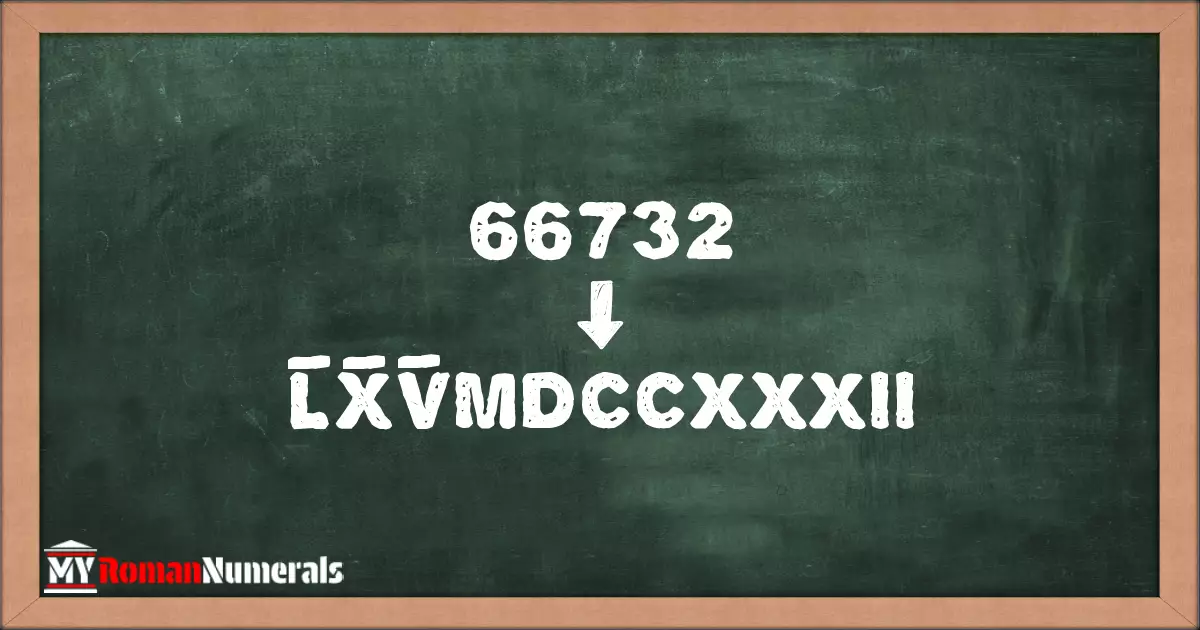66732 = L̅X̅V̅MDCCXXXII written on a blackboard, demonstrating Roman numeral conversion for 66732.