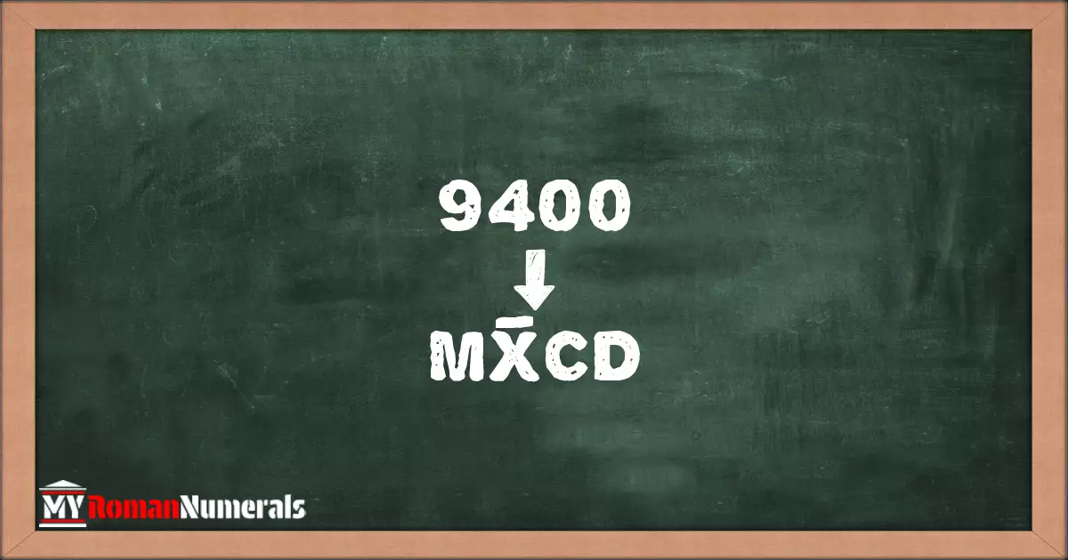 9400 = MX̅CD written on a blackboard, demonstrating Roman numeral conversion for 9400.