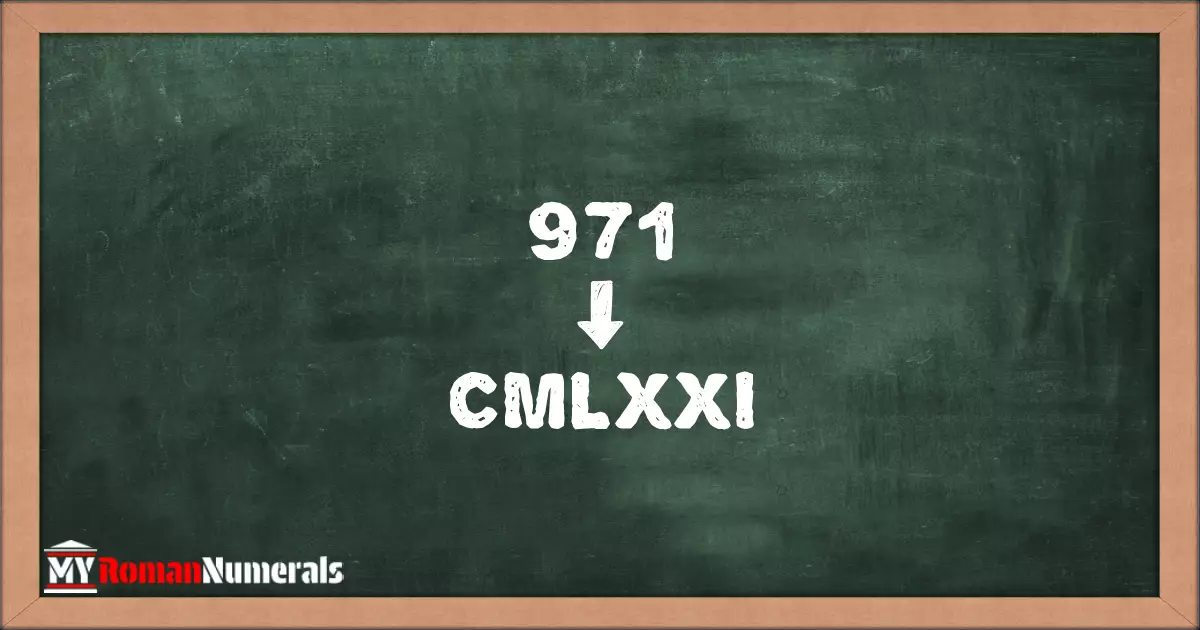 971 = CMLXXI written on a blackboard, demonstrating Roman numeral conversion for 971.